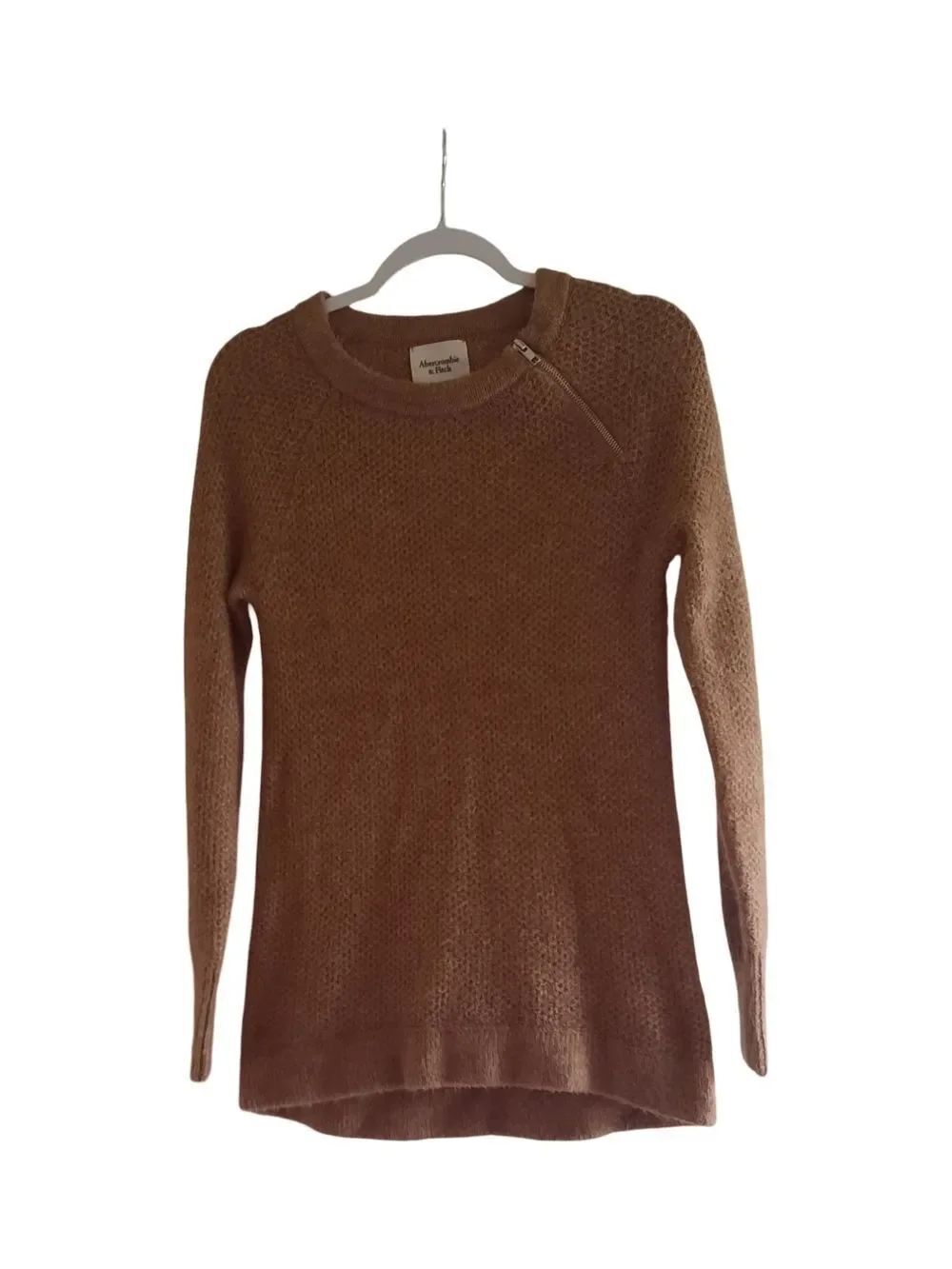 Abercrombie & Fitch Women's Brown Crewneck Sweater with Shoulder Zip Accent